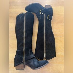 Donald J. Pliner Black Suede Over-the-Knee Boots with Gold Hardware